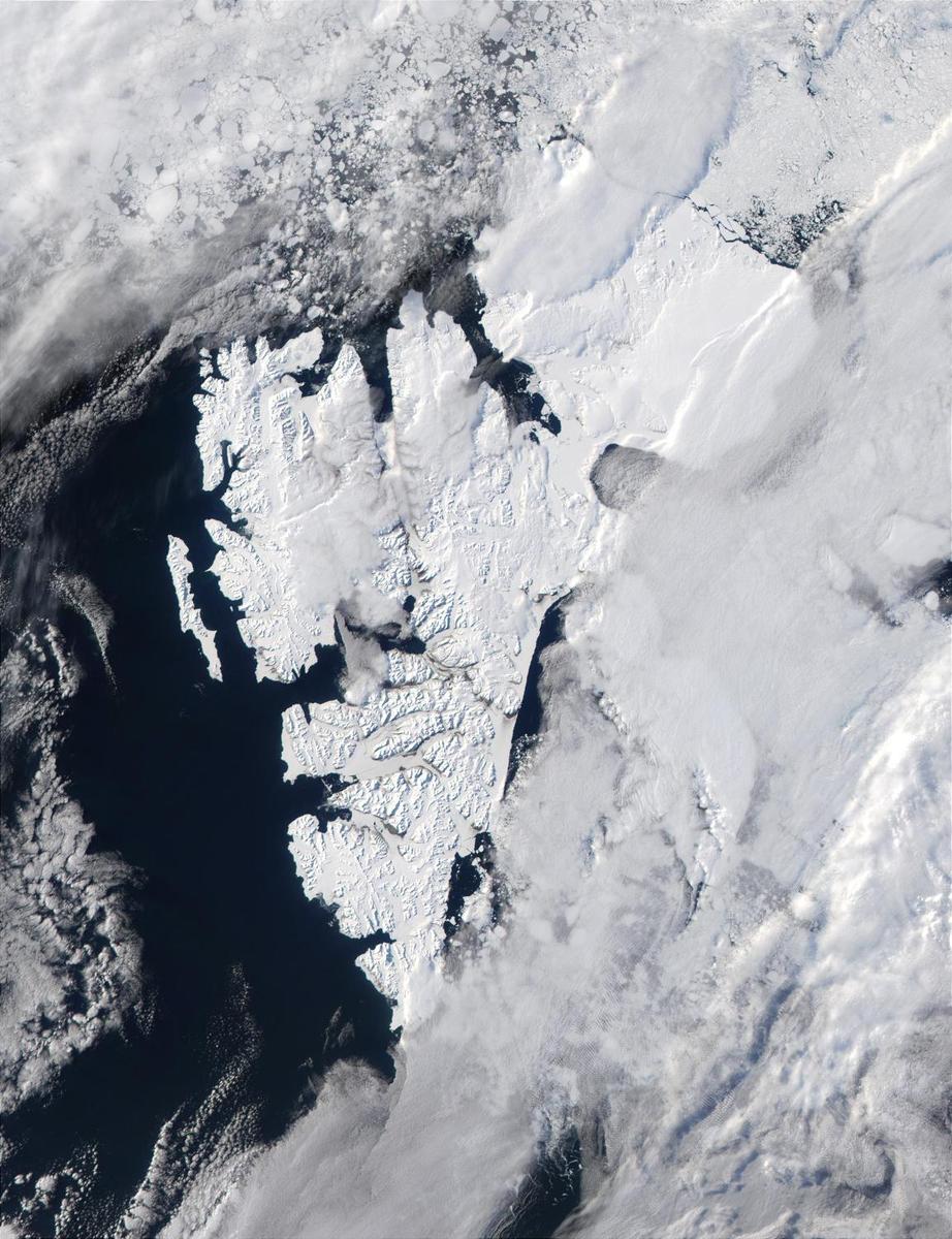 Satellite image shows the island of Svalbard, which is part of Norway, and is located east of Greenland and north of Norway. Photo courtesy of NASA.