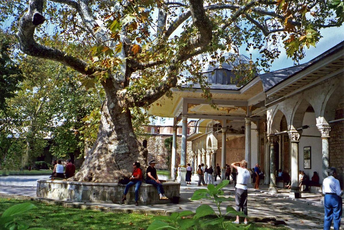 The Topkapi Palace courtyard in Istanbul. The Palace was the official residence of the Ottoman Sultans for 400 years. It is a UNESCO World Heritage Site and contains many holy relics of the Muslim world. Construction was begun in 1459, and at its height, the complex housed 4,000 people. In 1924, a governmental decree transformed the Palace into a museum of the imperial era.