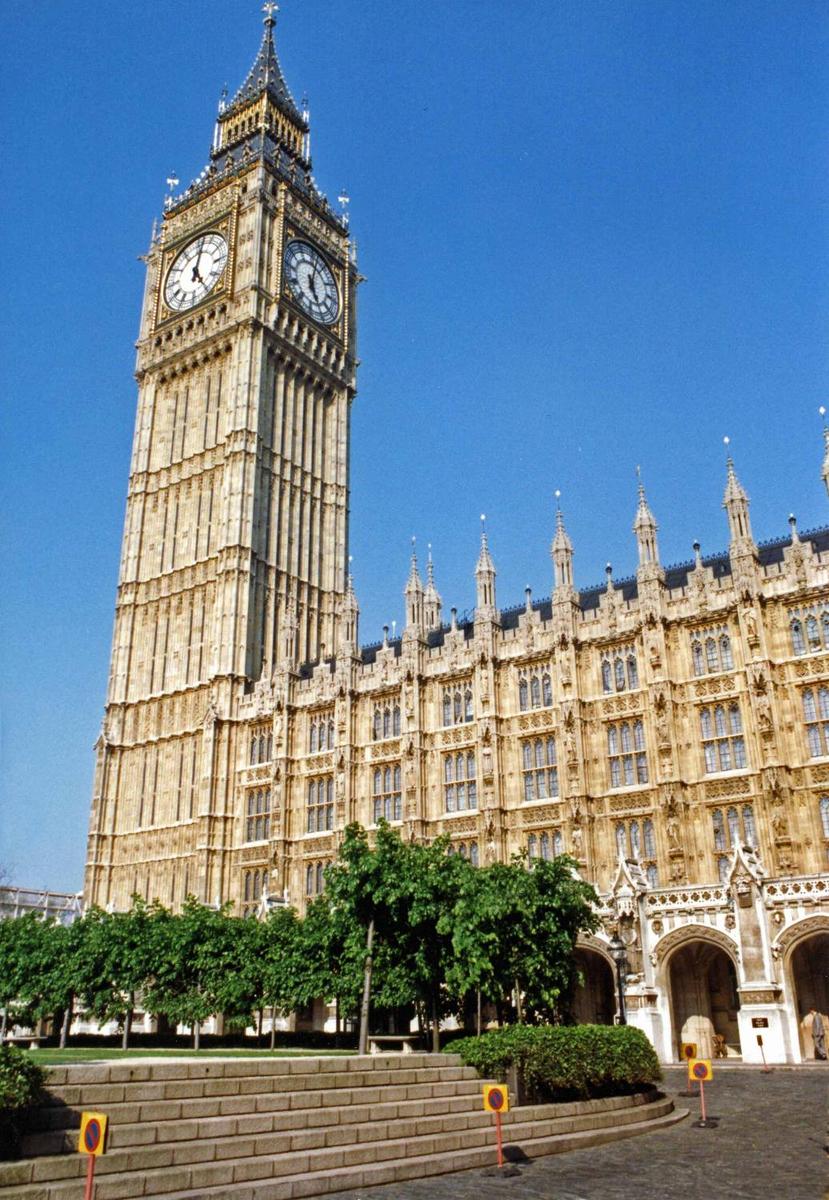 The Clock Tower of the Houses of Parliament building in Westminster, London. The nickname Big Ben is today frequently applied to the tower, the clock, and the bell, but originally it applied solely to the largest bell inside the tower. The clock is recognized as the world's largest four-faced chiming clock.