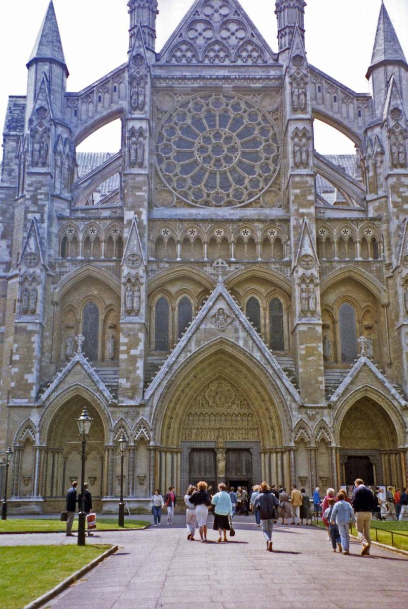 The ornate, Gothic north entrance to Westminster Abbey, in London, England.