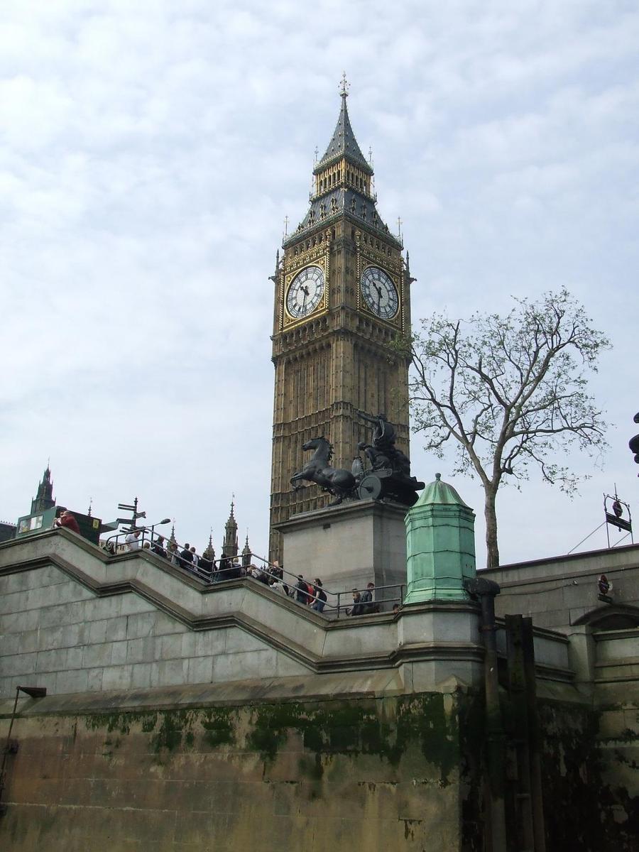 The statue of Boudica, Queen of the Celtic Iceni tribe, near Westminster Pier and the Houses of Parliament Clock Tower. Boudica led a fearsome - but ultimately unsuccessful - Celtic revolt against the Romans in A.D. 60 or 61.