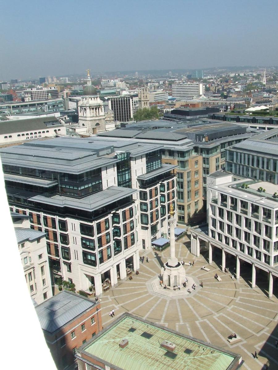 A look down into Paternoster Square from the dome of St. Paul's Cathedral in London. The area is the location of the London Stock Exchange, as well as various investment banks.
