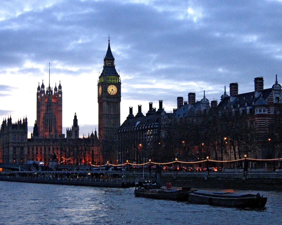 A view of London at dusk.