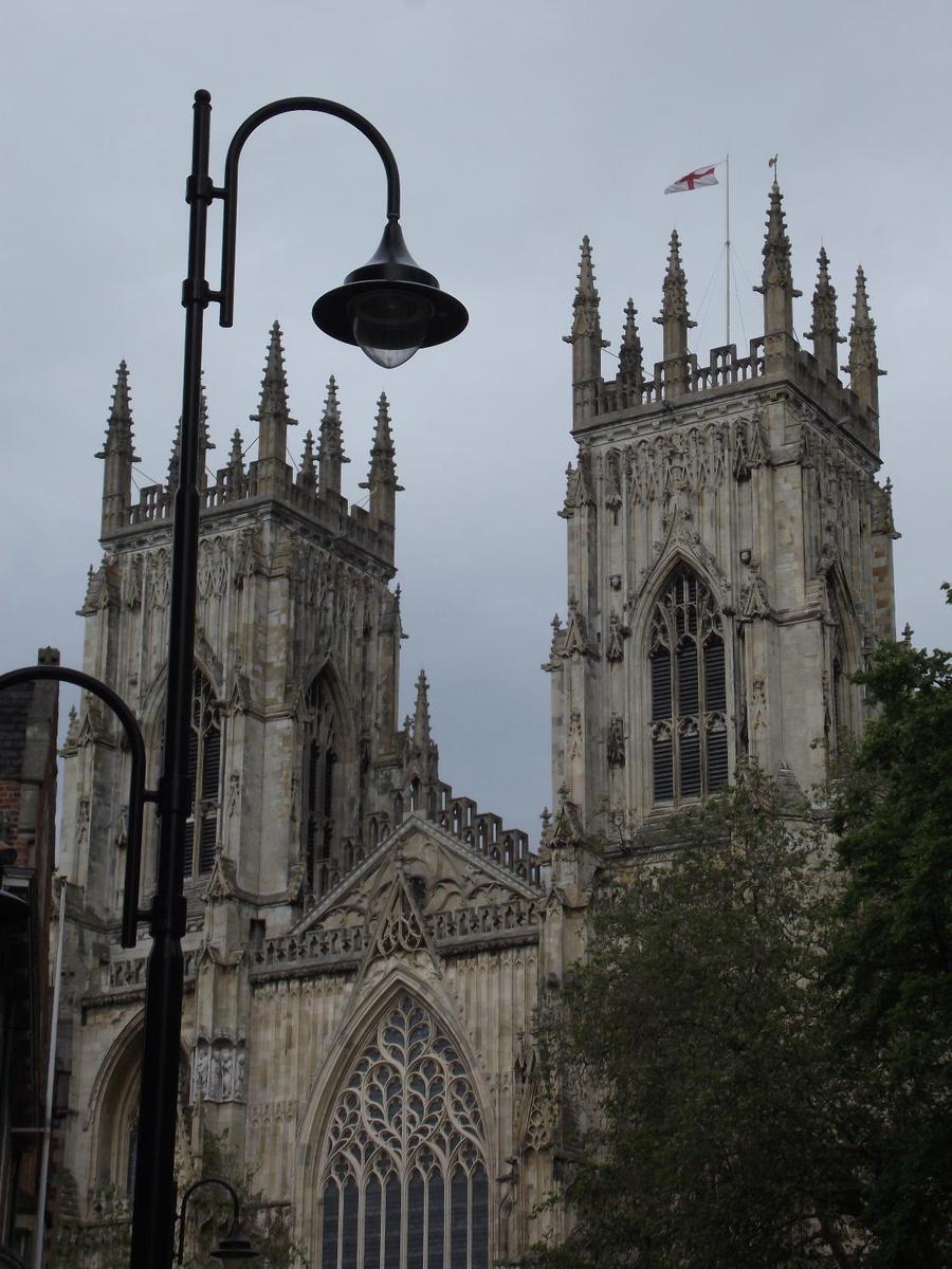 A view of the towers on the western front of York Minster. Construction on this Gothic cathedral, one of the largest in northern Europe, began in 1220; it was not completed until 1472.