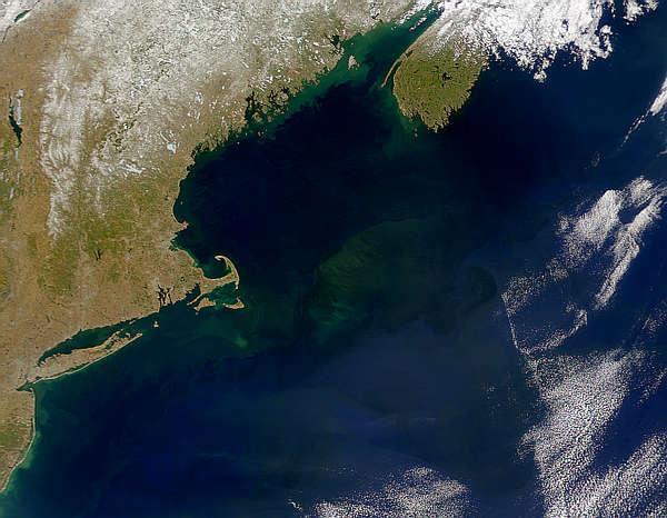 A view of Georges Bank, a large elevated area of the sea floor that separates the Gulf of Maine from the Atlantic Ocean. The Bank is situated east of Cape Cod, Massachusetts (US; on the left) and southwest of Cape Sable Island, Nova Scotia (Canada; upper right). Photo courtesy of NASA.