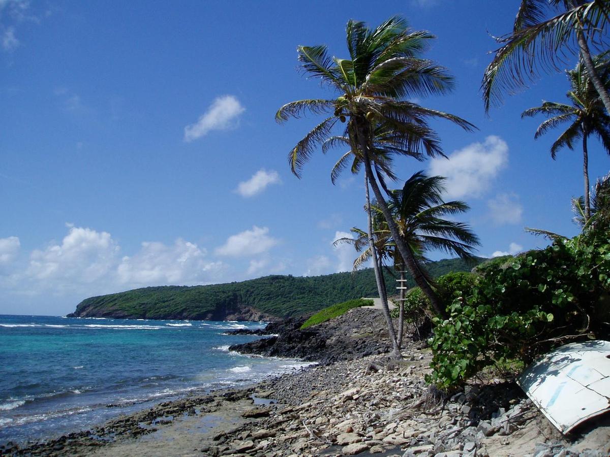 The beach of Bequia, one of the larger islands of the Grenadines of St. Vincent. The object at the lower right is space junk, a piece of a European rocket booster that washed up on the beach.