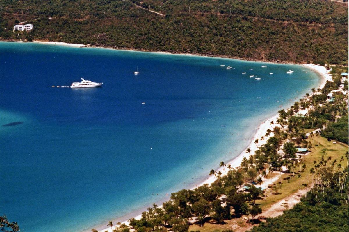 An anchored yacht off the island of St. Thomas.