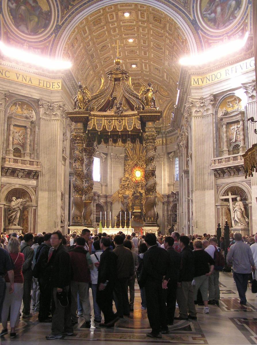 The baldachin is a massive pavilion-like structure (30 m; 98 ft tall) that stands beneath the dome of St. Peter's Basilica and over the high altar. It is reputed to be the largest piece of bronze in the world.