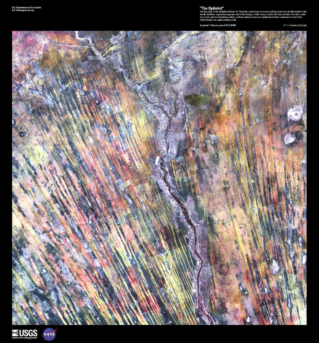 On the edge of the Kalahari Desert, sand dunes are encroaching onto once-fertile lands in the north. Healthy vegetation appears red in this false color satellite image; in the center, notice the lone red dot. It is the result of a center-pivot irrigation system, evidence that at least one optimistic farmer continues to work the fields despite the approaching sand. Image courtesy of USGS.