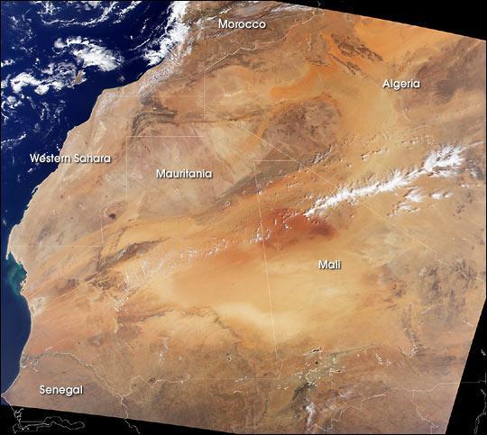 With its vast expanses of sand, framed by mountain ranges and exposed rock, northwestern Africa makes a pretty picture when viewed from above. In this satellite image the Canary Islands can be seen on the left side of the image just off Africa's Atlantic shore. The light brown expanse running through the northern two thirds of the image is the Sahara Desert. The desert runs up against the dark brown Haut Atlas mountain range of Morocco in the northwest, the Atlantic Ocean to the west, and the semi-arid (light brown pixels) Sahelian region in the South. The Sahara, however, is not staying put. Since the 1960s, the desert has been expanding into the Sahelian region at a rate of up to 6 km per year. In the 1980s this desert expansion, combined with over cultivation of the Sahel, caused a major famine across west Africa. Over the summer months, strong winds pick up sands from the Sahara and blow them across the Atlantic as far west as North America, causing air pollution in Miami and damaging coral reefs in the Bahamas and the Florida Keys. Image courtesy of NASA.