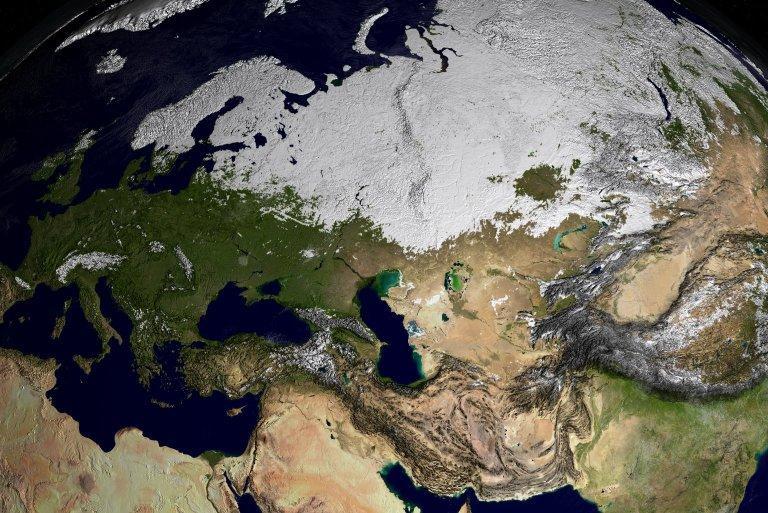 A MODIS-derived image displaying global snow cover over northern Eurasia during the winter of 2001-02. Image courtesy of NASA/Goddard Space Flight Center Scientific Visualization Studio.