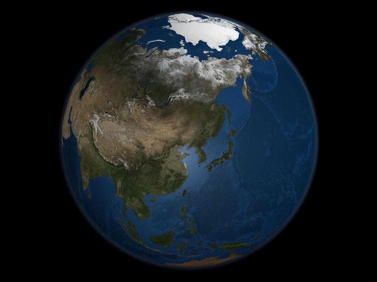 A global view over Asia on 21 September 2005 - the day on which Arctic sea ice was at its minimum for the year. Land areas display the average seasonal landcover from September 2004. Image courtesy of NASA/Goddard Space Flight Center Scientific Visualization Studio.