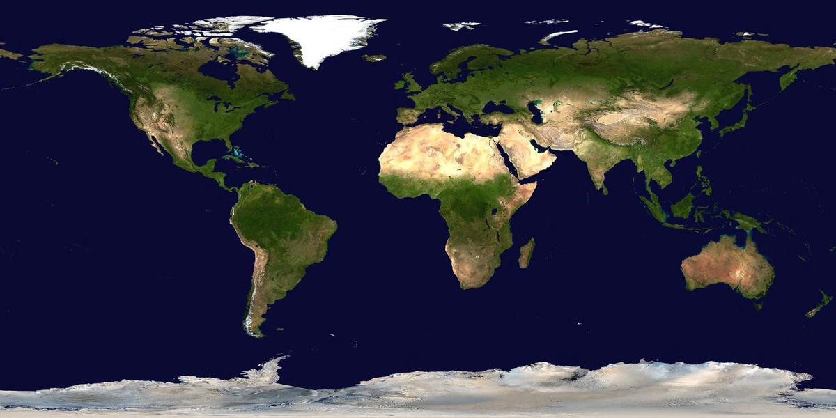 A seamless image mosaic of the Earth. This spectacular view is the most detailed true-color image of the entire Earth to date. Using a collection of satellite-based observations, scientists and visualizers stitched together months of observations of the land surface, oceans, sea ice, and clouds into a seamless, true-color mosaic of every square kilometer of our planet. Much of the information contained in this image came from a single remote-sensing device - NASA's Moderate Resolution Imaging Spectroradiometer, or MODIS, flying over 700 km above the earth onboard the Terra satellite. The land and coastal ocean portions of these images are based on surface observations collected from June through September 2001 and combined, or composited, every eight days to compensate for clouds that might block the sensor's view of the surface on any single day. Two different types of ocean data were used in these images: shallow water true color data and global ocean color (or chlorophyll) data. Image courtesy of NASA/Goddard Space Flight Center Scientific Visualization Studio.