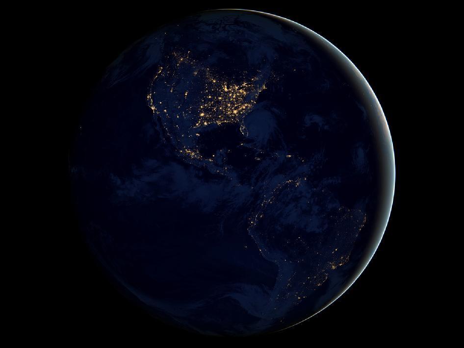 This global view of city lights in the Western Hemisphere is a composite assembled from satellite data acquired over nine days in April 2012 and 13 days in October 2012. It took 312 orbits to get a clear shot of every parcel of Earth's land surface and islands. This new data was then mapped over existing Blue Marble imagery of Earth to provide a realistic view of the planet. Image courtesy of NASA.