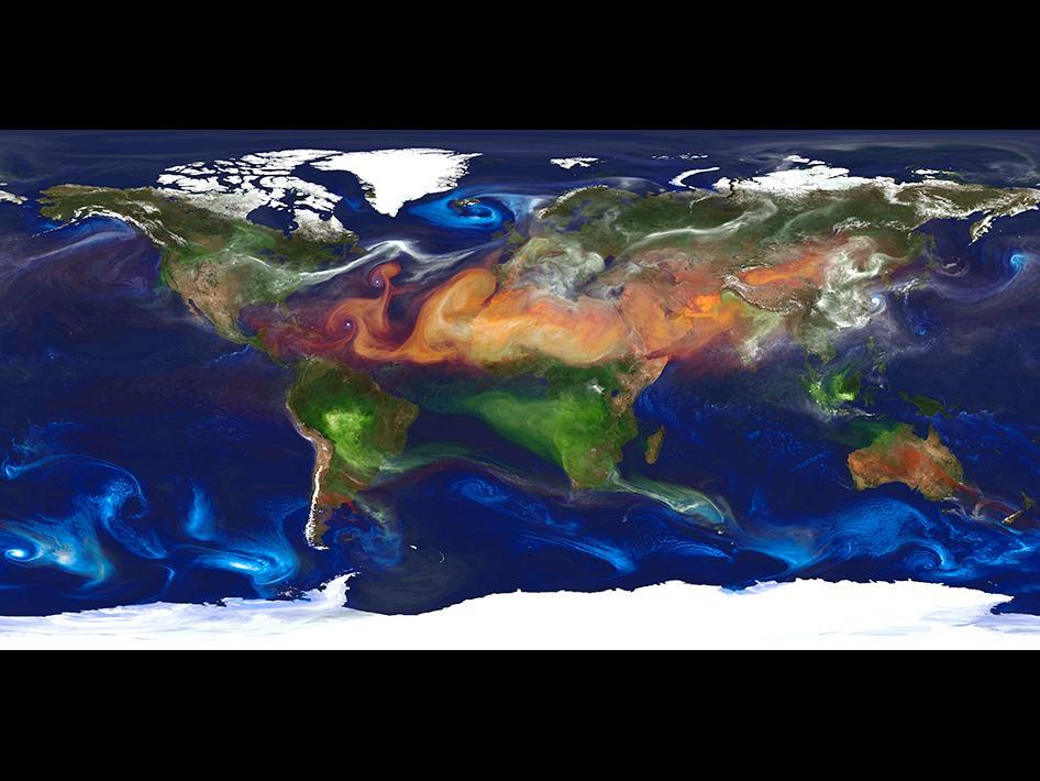 High-resolution global atmospheric modeling run on the Discover supercomputer at the NASA Center for Climate Simulation at Goddard Space Flight Center, Greenbelt, Md., provides a unique tool to study the role of weather in Earth's climate system. The Goddard Earth Observing System Model, Version 5 (GEOS-5) is capable of simulating worldwide weather at resolutions of 10 to 3.5 km (6 to 2 mi). This portrait of global aerosols was produced by a GEOS-5 simulation at a 10-km resolution. Dust (red) is lifted from the surface, sea salt (blue) swirls inside cyclones, smoke (green) rises from fires, and sulfate particles (white) stream from volcanoes and fossil fuel emissions. Image courtesy of NASA.