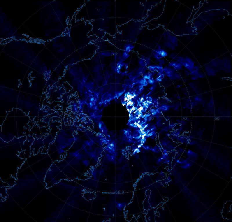 At high latitudes in the summer months, night-shining or noctilucent clouds form between 76 to 85 km (47 to 53 mi) above the surface of the Earth. Their high altitude allows them to reflect sunlight after the sun has set. In this image, centered on the North Pole and acquired on 11 June 2007, white indicates clouds with the greatest density of ice particles and dark blue indicates clouds with the lowest. Because ice particles reflect sunlight, a greater concentration of such particles creates a higher albedo - the ratio of reflected light to total incoming light. Areas of no data appear in black, and landmass outlines appear in blue-green. Image courtesy of NASA.