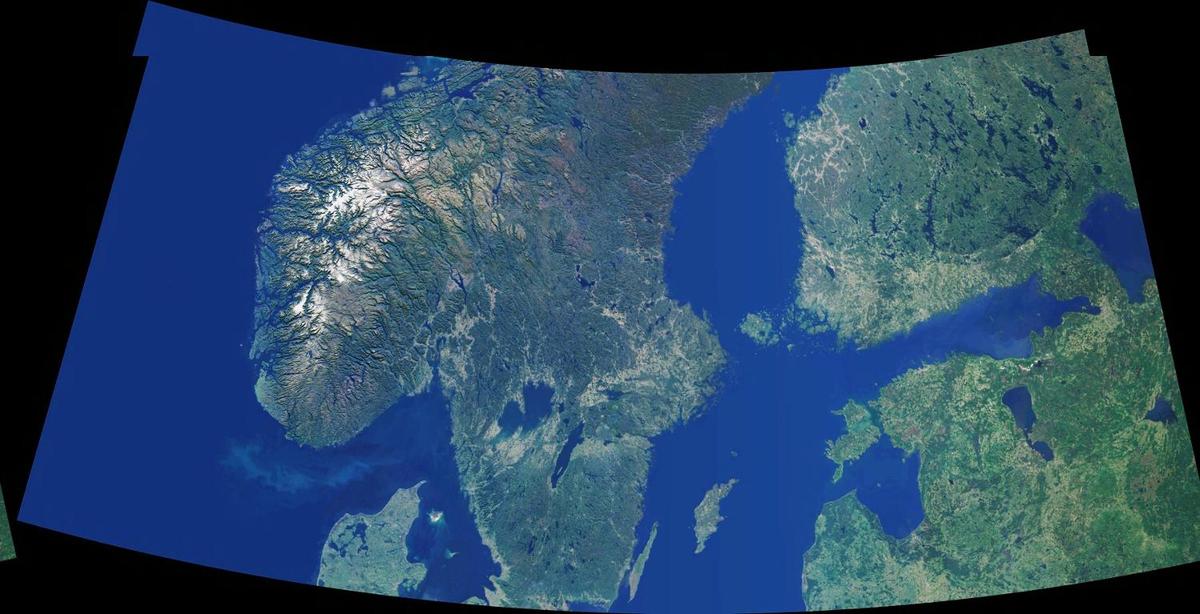 A cloud-free natural-color mosaic of Scandinavia and the Baltic region. Image courtesy of NASA.