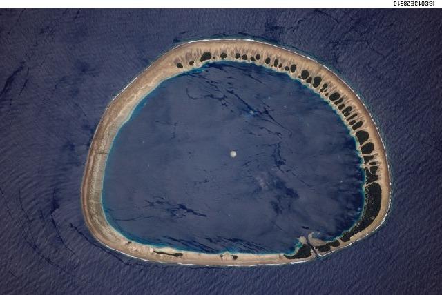 Nukuoro Atoll, Federated States of Micronesia,as seen from the International Space Station. Image courtesy of NASA.
