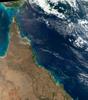 This view of northeast Australia taken by the Aqua satellite vividly shows the many offshore reefs that together form the Great Barrier Reef. The Reef stretches more than 2,000 km (1,240 mi) along the coast of Queensland and is a UNESCO World Heritage Site. Between the reefs and the coastline bands of brown-green "streamers" may be discerned. These are blue-green bacteria (cyanobacteria) that form long overlapping strands and films that can cover immense areas becoming visible even from space. Sailors have long called these brown streamers "sea sawdust." Image courtesy of NASA.