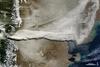 Satellite view of the Puyehue-Cordon Volcano Complex on 13 June 2011 - the 10th day of the eruption - shows a very large blanket of ash deposited onto the Pampas of Argentina. Photo courtesy of NASA.