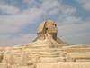 The Great Sphinx, a reclining lion with a human head, is the oldest known monumental sculpture in the world. It is believed to have been carved about 2500 B.C. and most probably depicts the Pharaoh Khafre. The nose of the sphinx has eroded over time.