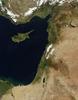 The Levant, the eastern coast of the Mediterranean Sea, is vividly displayed on this satellite image. Cyprus' distinctive shape points to the Gulf of Iskenderun in southern Turkey. Other Levant countries in a clockwise direction are Syria, Lebanon, Israel, and Egypt. Snow appears clearly in the mountains of Turkey (top) and Lebanon (center) and in thin strips in between in the highlands of Syria. The contrast between the well-watered northern half of Israel and the desert south is starkly evident. Photo courtesy of NASA.
