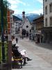 Street scene in Ortesei, the main town in the ski resort of Val Gardena in the Dolomites. In the center of the photo is St. Anthony&apos;s Chapel, built in 1673 on the main square.
