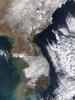 The central provinces of South Korea were crippled when heavy snow closed roads throughout the region, including many in the country's capital, Seoul. More snow fell on 6 March 2004, than ever recorded for a single March day in Korea since record keeping began in 1904. According to news reports, the city of Taejon received 49 cm (19 in) of snow on Friday, with an additional 15 cm (6 in) forecast for Saturday. The image shows the storm moving away from the peninsula on 7 March 2004, leaving much of South Korea under a blanket of snow. Image courtesy of NASA.
