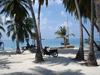 Looking out onto lagoon waters from a palm-shaded beach.