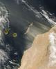 Saharan dust blowing off the west coast of Africa and over the Canary Islands (a Spanish archipelago) on 11 November 2006. The horizontal line is the border between Morocco (to the north) and Western Sahara. The plumes of dust are more distinct off the coast of the former than the latter. The fine particles blow to the northwest, and although the islands of Tenerife and Gran Canaria appear unaffected, the neighboring islands of Fuerteventura and Lanzarote are receiving a strong dusting. Click on photo for higher resolution. Image courtesy of NASA.