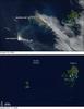 August 2006 brought two new things to the Tonga Islands in the South Pacific. One was a raft of lightweight, frothy volcanic rock - pumice - floating on the ocean surface. The other was a new island emerging out of the water. NASA's Aqua satellite captured the aftermath of the eruption on 10 August 2006. For comparison, the bottom image shows the same area but taken almost one year earlier, on 15 September 2005.
The emerging volcanic island is partially hidden by its own plume. Volcanic plumes often appear drab gray or beige compared to clouds, and plumes from the emerging island move away from it in different directions, one to the southeast, and some to the north. The bright white spot directly over the island may be cloud cover, or it could be steam resulting from volcanic emissions.
The raft of pumice appears to the northeast of the emerging island, and it actually connects, via a thin thread, to neighboring Late Island. The blue-green color of the water around the raft and the new island is probably fine sediment that is making the deep blue water more reflective. The pumice raft gained international attention when a news report described the experience of a yacht crew that inadvertently encountered the pumice raft. The "sea of stone" clogged the yacht's engine-cooling system, forcing the vessel to turn back.
Pumice rafts are not an everyday occurrence, but they have been observed before. Biologists theorize that pumice rafts may be one of the ways that plants and animals spread from island to island in marine environments. Photo courtesy of NASA.